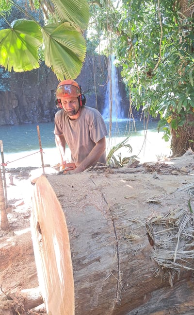 arborist cutting up a large log with a chainsaw by a waterfall