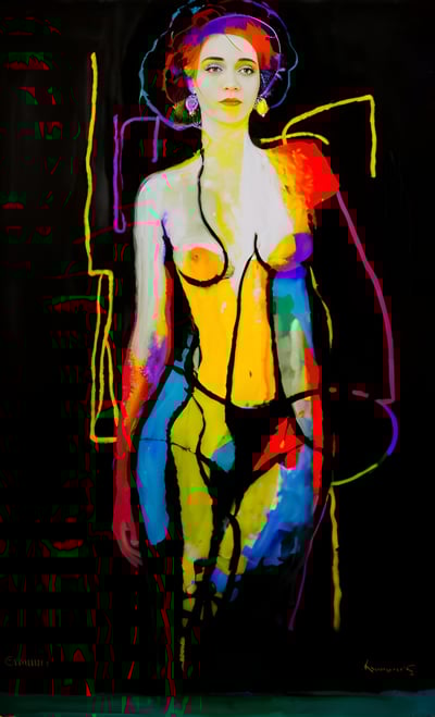 a painting of a woman in a colorful dress
