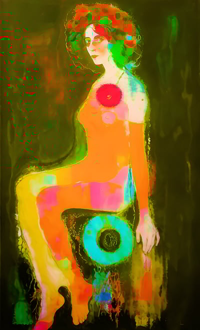 a woman in a colorful dress sitting on a chair