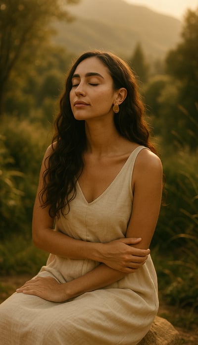 Femme en silence, les yeux fermés, incarnant la reconnexion énergétique et la clarté intérieure