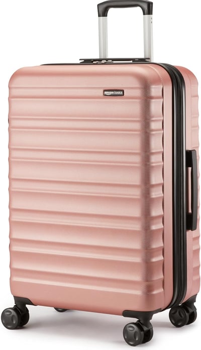 Amazon Basics Valise Rigide, Extensible et Taille Moyenne (68 cm), Coque en ABS Anti-rayures, 4 Roulettes Pivotantes, Or Rosé