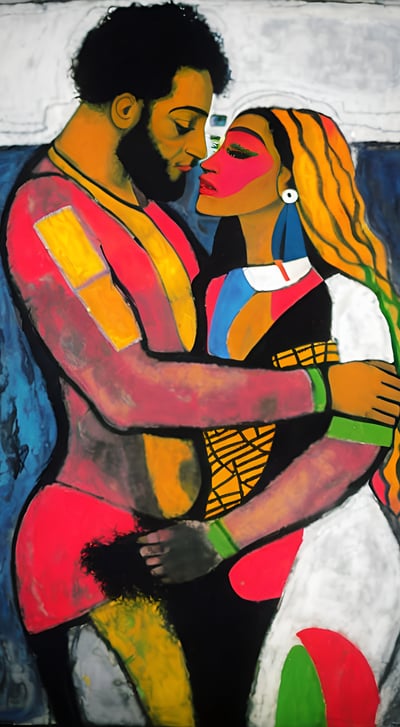 a painting of a man and woman embracing
