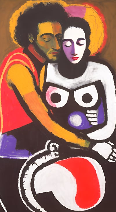 a painting of a man and woman embracing