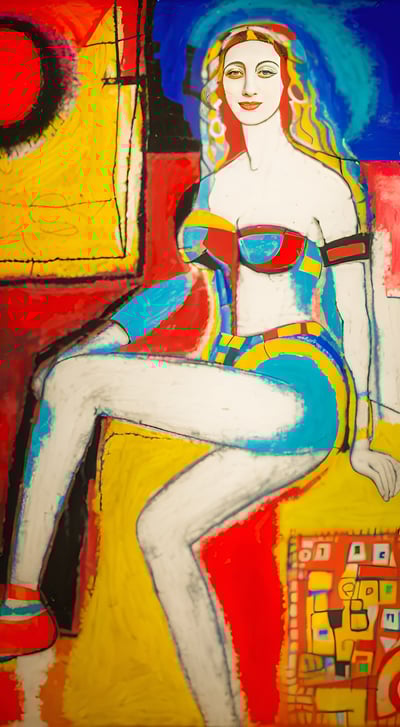 a painting of a woman sitting on a chair