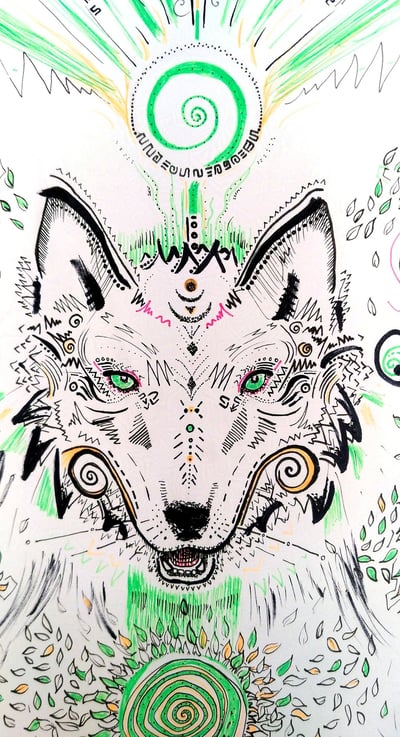 illustration aux feutres fins représentant un loup ou un renard, avec des formes psychédéliues végétales