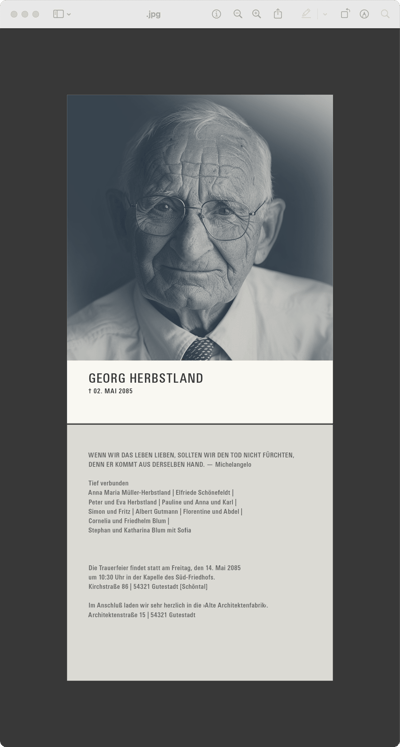Digitale Trauerkarte mit Textbeispiel und Foto des Verstorbenen
