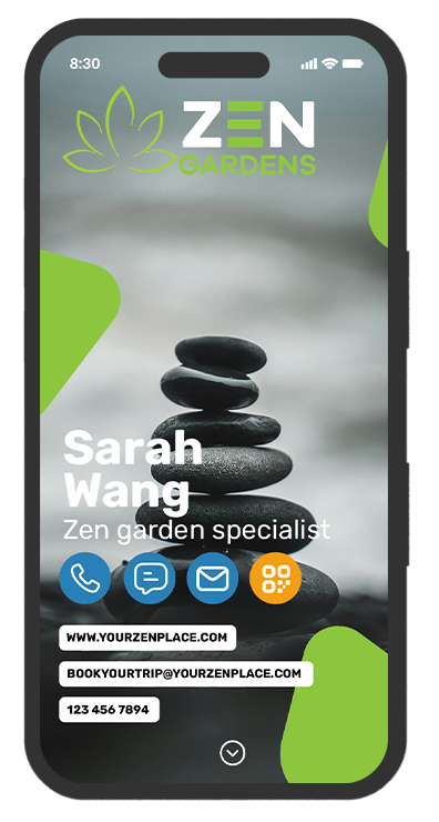 Tranquility and balance: a digital business card design for zen garden specialists and relaxation retreats.