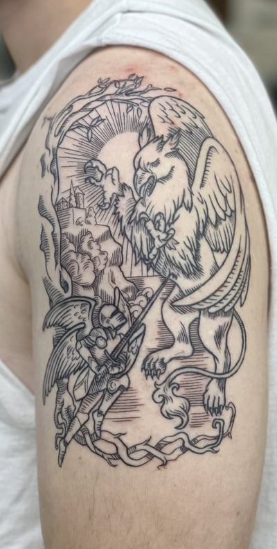 a man with a tattoo on his arm medieval line art epic mythical battle
