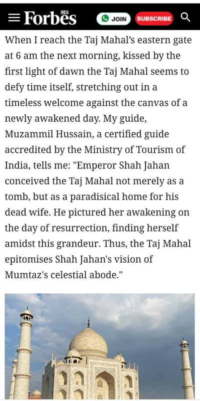 Muzammil's storytelling of the Taj Mahal has been Featured in FORBES India in 2024 