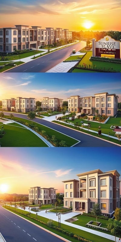 a series of four different views of a building