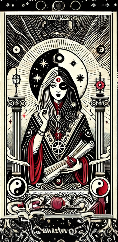 a woman in a black and white tarp Tarot cards