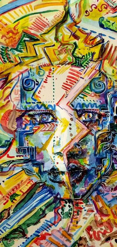 détails d'une aquarelle aux couleursvoves entre abstrait et figuratif, nature, végétation, eau, corps et visage