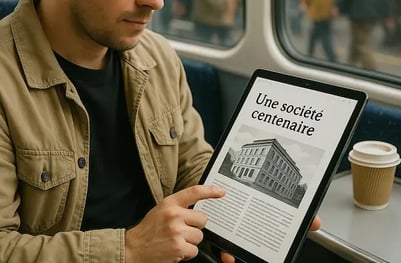 Homme dans un train sur une tablette avec l'histoire d'une société centenaire