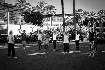 Outdoor morning yoga practice. Breathing patterns can change with physical activity.