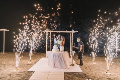 Fireworks creating a magical backdrop as the bride and groom cut their wedding cake.