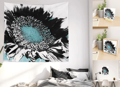 Main image wall tapestry Sunflower design, to right small art prints with sunflower design 
