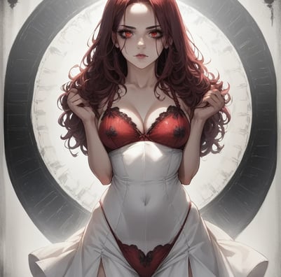 a woman in a red dress with a red dress