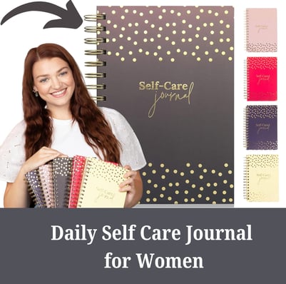 a woman holding a notebook with a notepad and a notebook with the words self