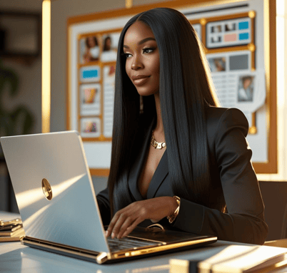 a woman in a suit and a laptop computer