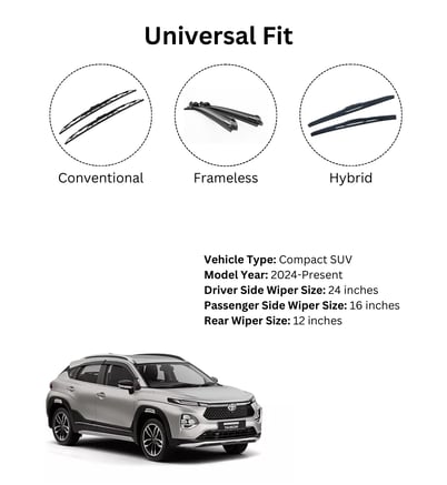 Wiper blade sizes for Toyota Taisor – 22 inch, 16 inch, 12 inch