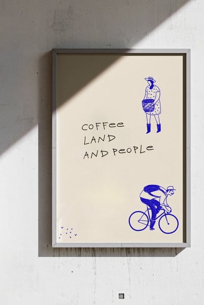 poster de personas campesinas en el proceso del café acompañados de la palabra Coffee land and peopl