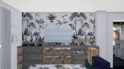 Une photo du projet de transformation avec des meubles en bois et un papier peint fleuri Wellpapers
