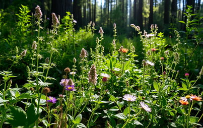 A diverse array of wild herbs and plants, sunlight filtering through the trees.