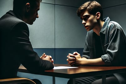 A detective questions a young man under harsh light, creating tension, mystery, and psychological suspense