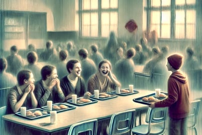 Lonely student carrying a lunch tray while others laugh at a cafeteria table