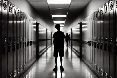 Dark school hallway with a lone silhouetted boy under flickering lights, evoking isolation.