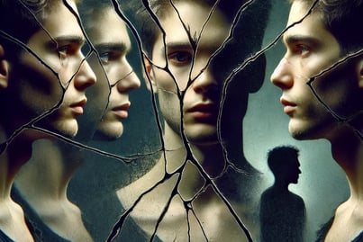 Shattered mirror reflects a man’s fractured identity, symbolizing psychological torment, guilt, and self-doubt.