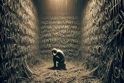 A man sits alone in a room covered with unsettling words, symbolizing mental torment, regret, and paranoia