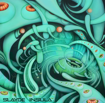 a painting of a green and white swirly design, with the words SLAYDE INSULA in bottom left