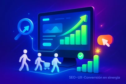 Ilustración de monitor con gráfico de barras ascendentes y flecha, iconos de lupa, carrito y figuras de usuarios, texto “SEO 