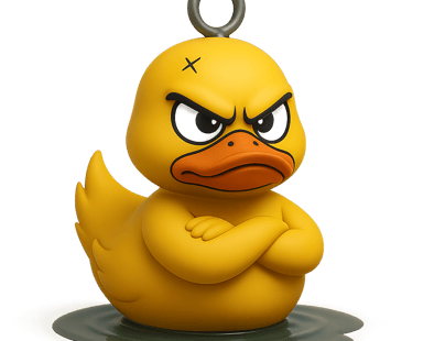 a rubber ducky with a angry face and a black eye