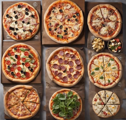 a variety of pizzas and pizza toppings