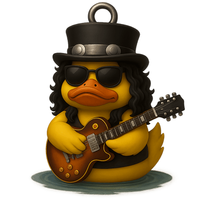 Slash duck, a rubber duck with a hat and sunglasses on