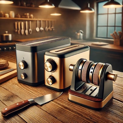Three knife sharpeners on a wooden countertop