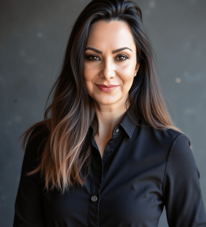 Beautiful middle eastern woman with long brown hair and a black button down shirt. Her name is LVF.