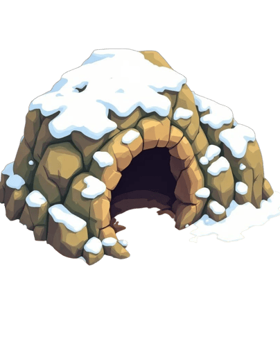 a small cave with a snow covered ground