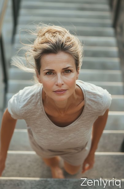 focused woman walking up stairs, embodying movement and natural joint relief