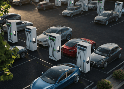 a parking lot with cars parked with ultra fast  EV charger