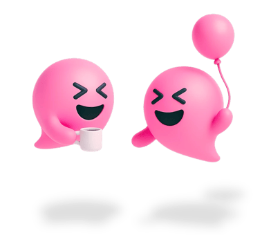 Two Blabit bubbles with closed happy eyes, one holding a white mug and the other holding a pink balloon