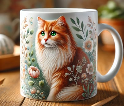 AI-generated coffee mug with an orange cat drawn