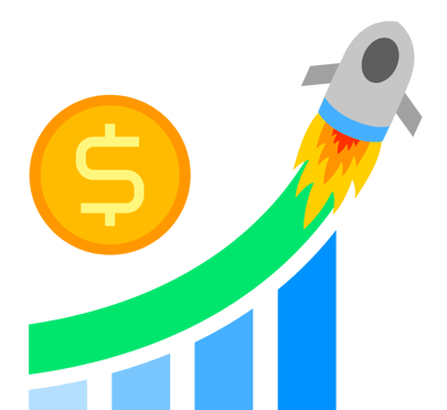 a rocket launching over bar graph representing growth over time with a dollar coin at the top corner.