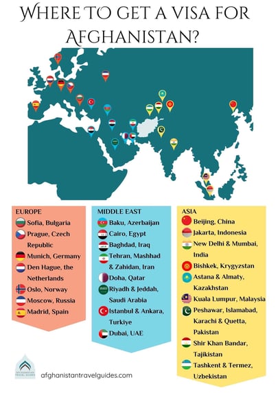 A map showing the location of all the Afghan Embassies issuing tourist visas