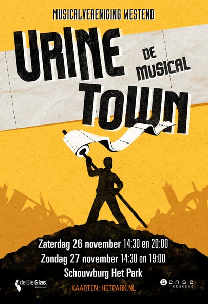 a poster for a musical concert with a man holding a toilet paper flag