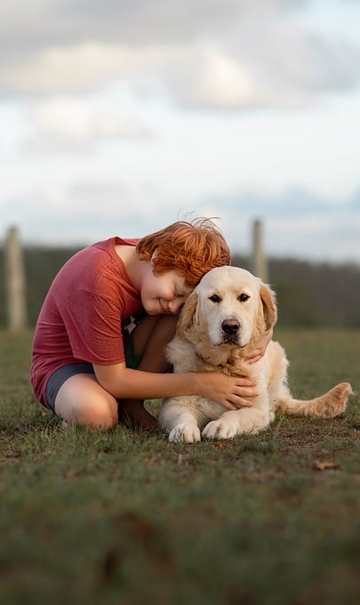 a boy is sitting on the grass and hugging a dog