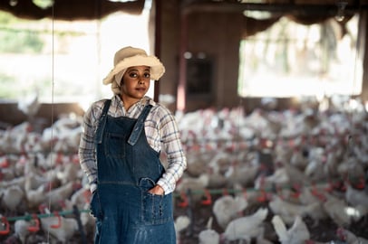 Sudanese woman standing confidently in a poultry farm.