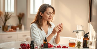 Well-lit bathroom scene with a woman gently applying a homemade goji berry face cream.